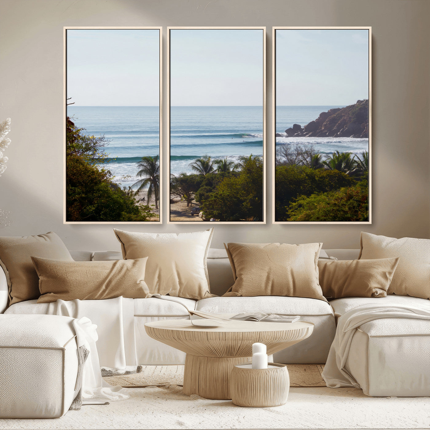 View of calm ocean waves with palm trees and a tropical coastline, ideal for coastal boho or beach-themed wall decor.