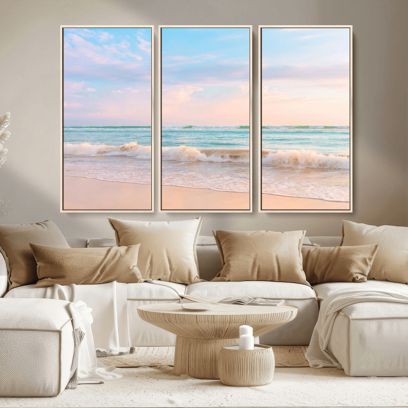 A peaceful beach scene with soft pastel skies, gentle waves washing up on the sandy shore, creating a calm and serene ocean view.