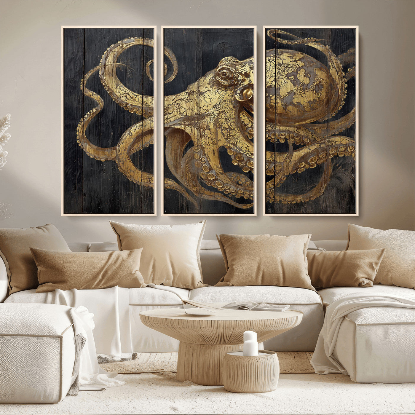 A detailed gold illustration of an octopus on black wooden planks, showing its intricate tentacles and textured skin in an artistic style.