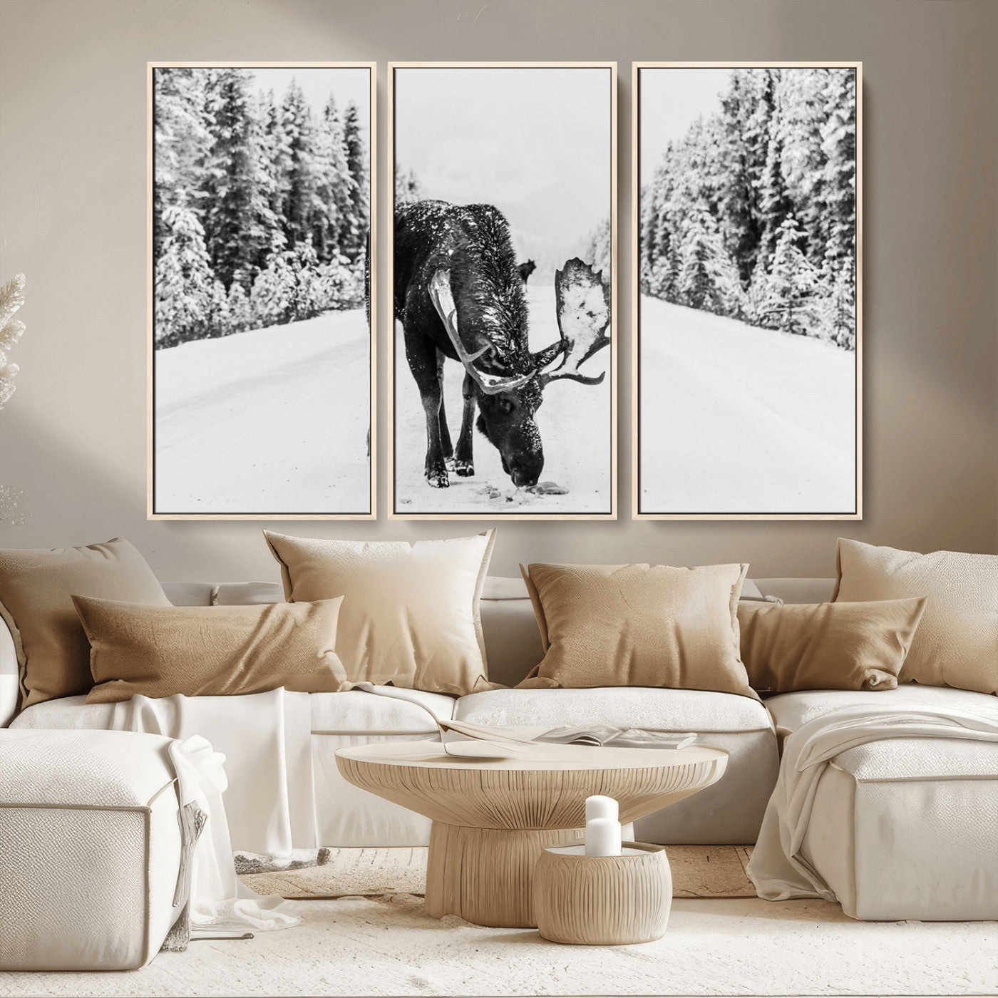 A majestic moose grazing in the snow-covered wilderness, surrounded by snow-covered trees, creating a peaceful winter scene.