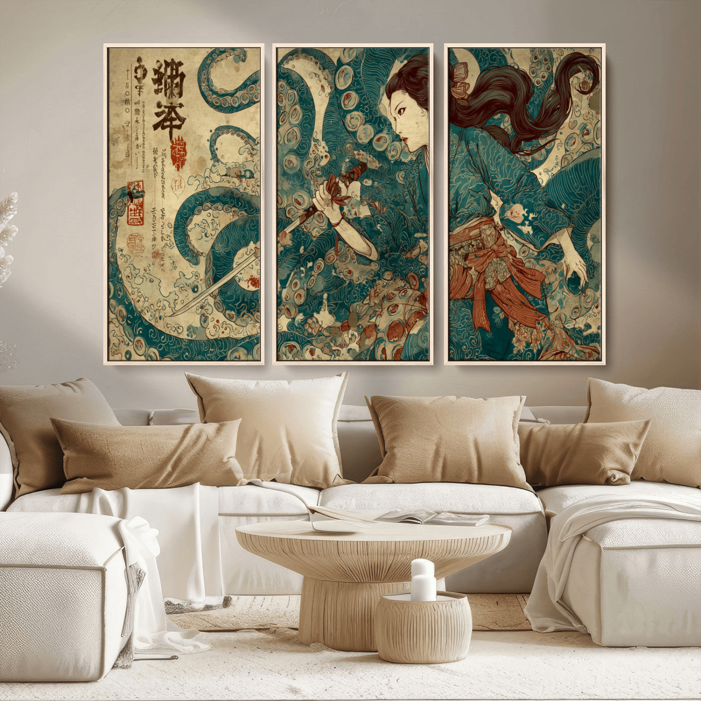 Tsukioka Yoshitoshi Samurai Wall Art Print, Japanese Katana Warrior Canvas Wall Art, Octopus Sea Monster Canvas Print,
