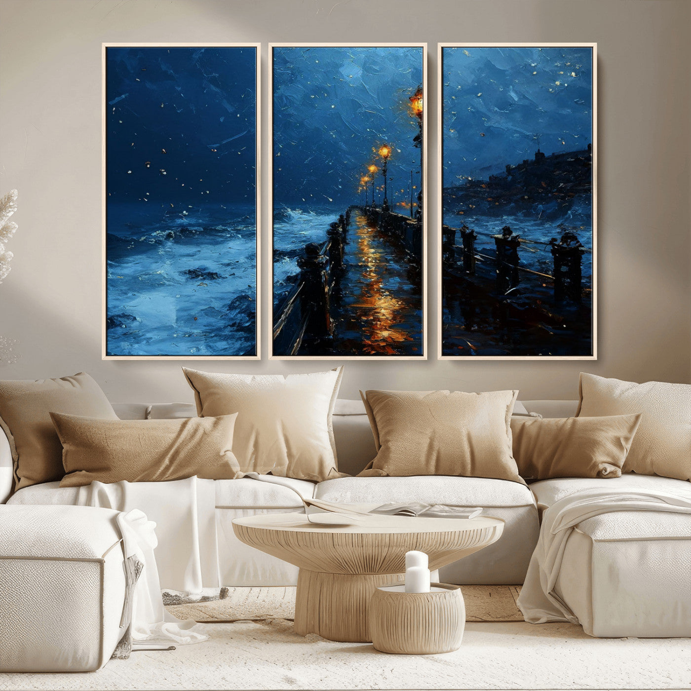 "Impressionistic painting of a rainy pier at night with glowing street lamps reflecting on the wet surface, ocean waves crashing under a dark blue sky."