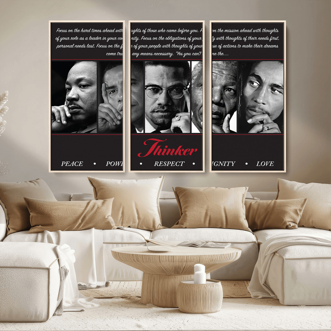 Monochrome canvas of iconic Black leaders with a powerful quote, perfect for modern spaces with a cultural or motivational theme.