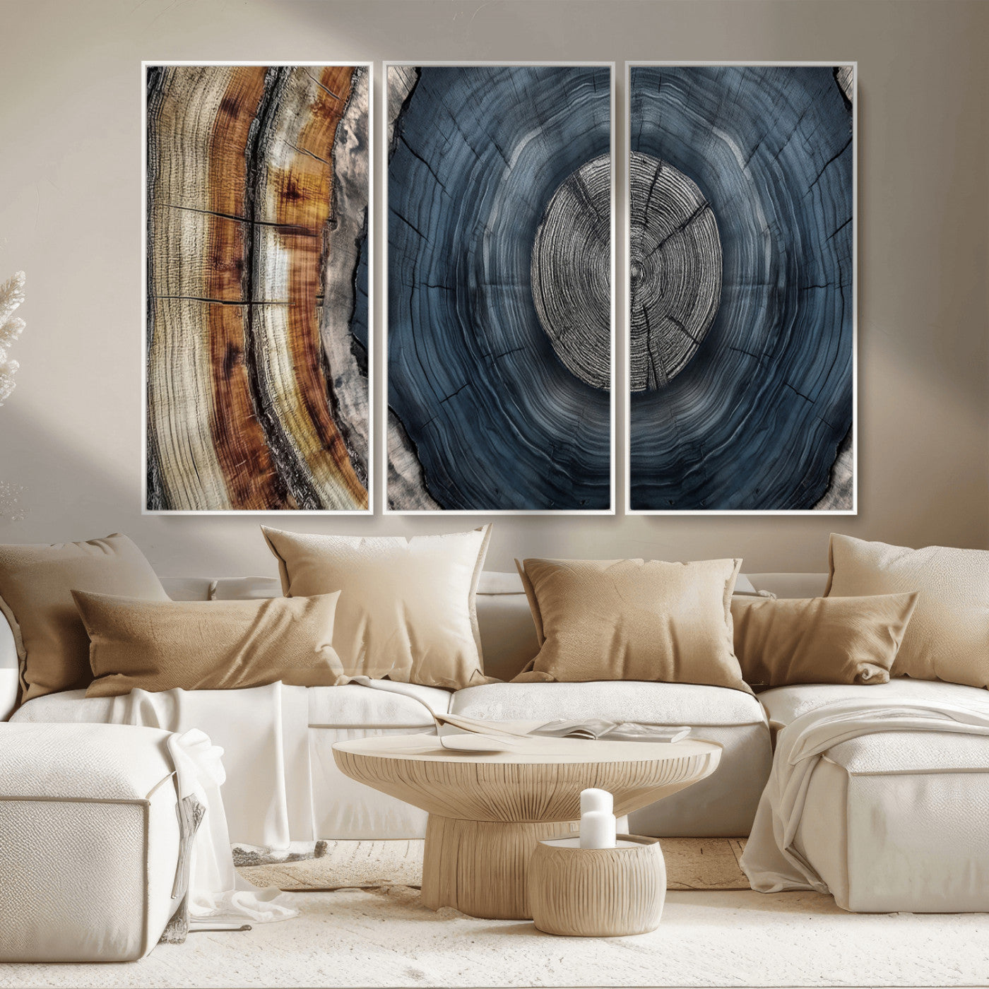 A stunning close-up of a tree trunk showing the intricate, circular growth rings, showcasing the natural textures and rich contrasts in deep blues, browns, and silvers.