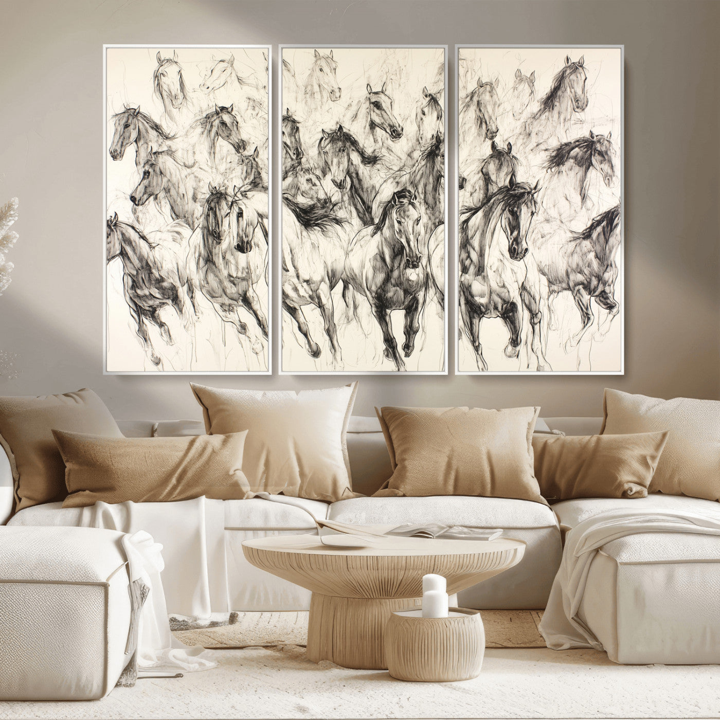 Monochrome ink sketch of galloping horses in dynamic motion, perfect for western or equine-themed wall decor with bold artistic energy.