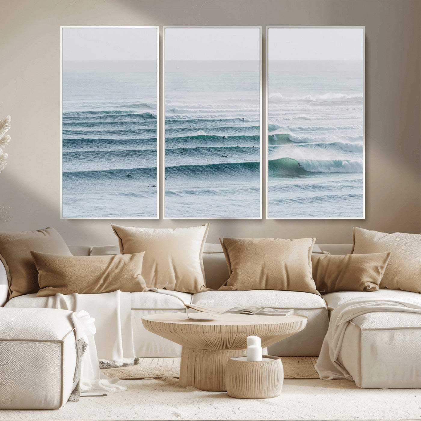 High-angle view of surfers lining up across layered ocean waves, ideal for minimal coastal or surf-inspired room decor.