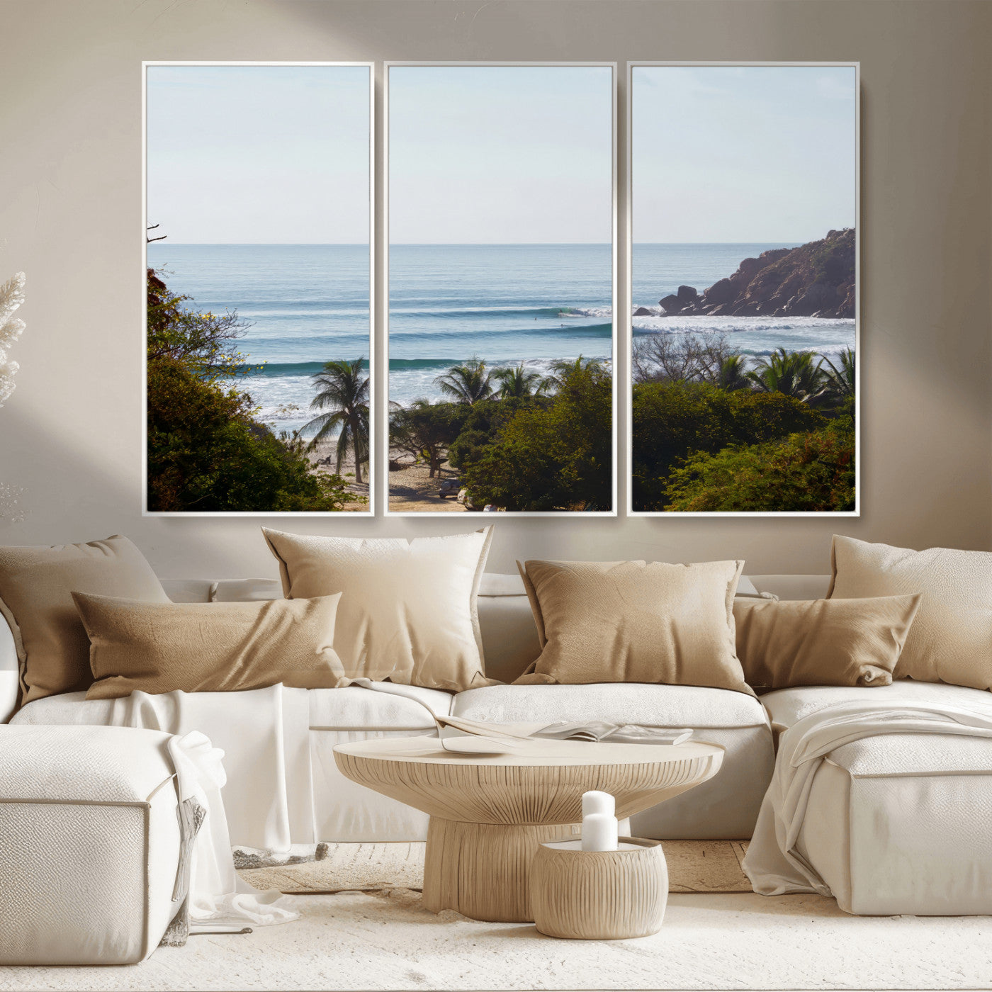 View of calm ocean waves with palm trees and a tropical coastline, ideal for coastal boho or beach-themed wall decor.