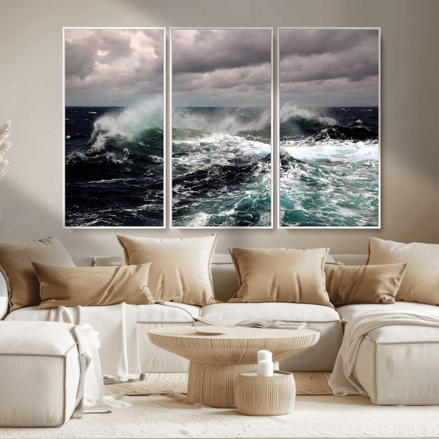 Powerful ocean waves crashing under stormy skies, creating a dynamic and intense seascape.