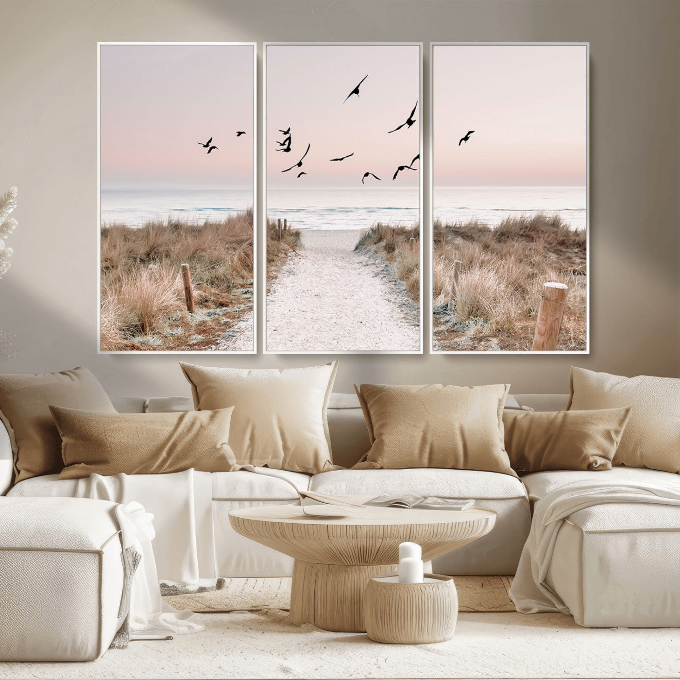 A peaceful coastal pathway leading to the ocean, with birds flying across a soft pastel sky, creating a calm and scenic beach atmosphere.