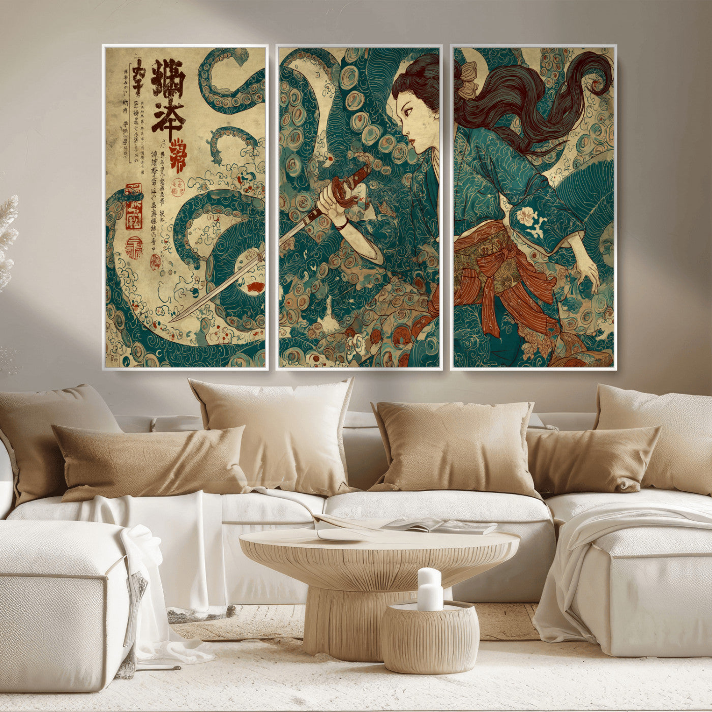 Tsukioka Yoshitoshi Samurai Wall Art Print, Japanese Katana Warrior Canvas Wall Art, Octopus Sea Monster Canvas Print,