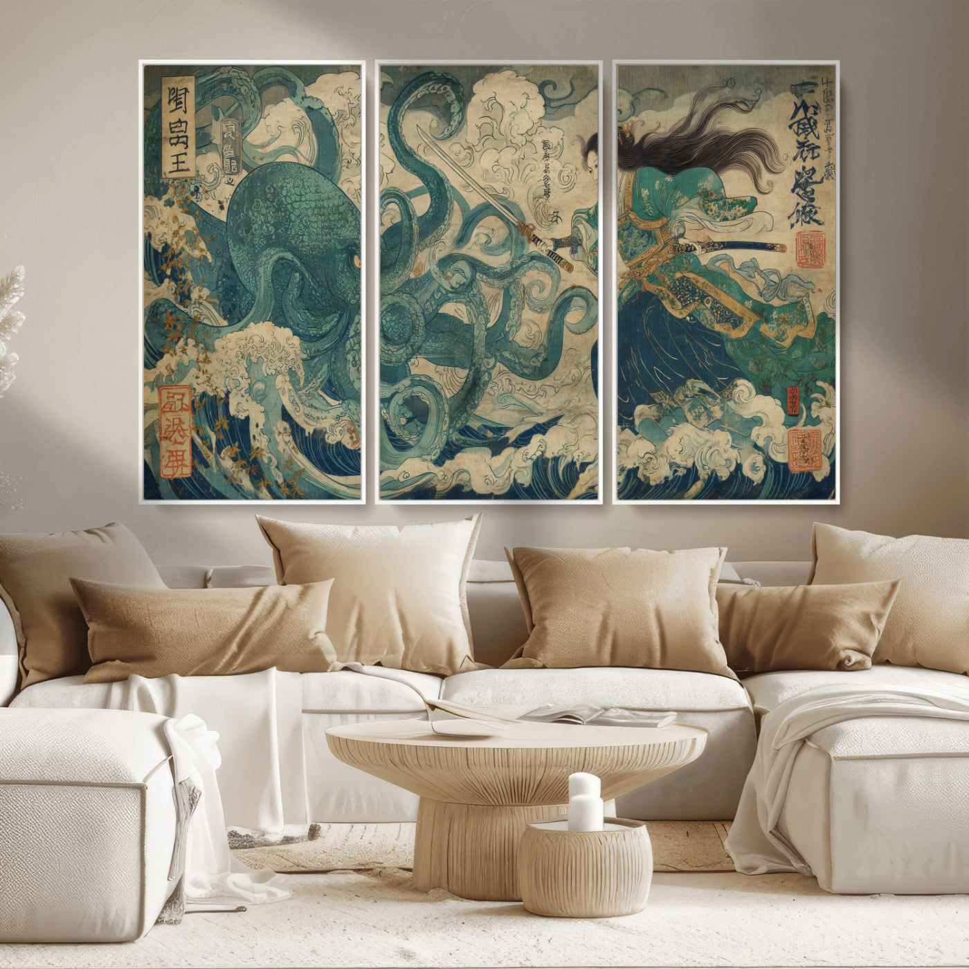 Tsukioka Yoshitoshi Samurai Wall Art Print, Japanese Katana Warrior Canvas Wall Art, Octopus Sea Monster Canvas Print,