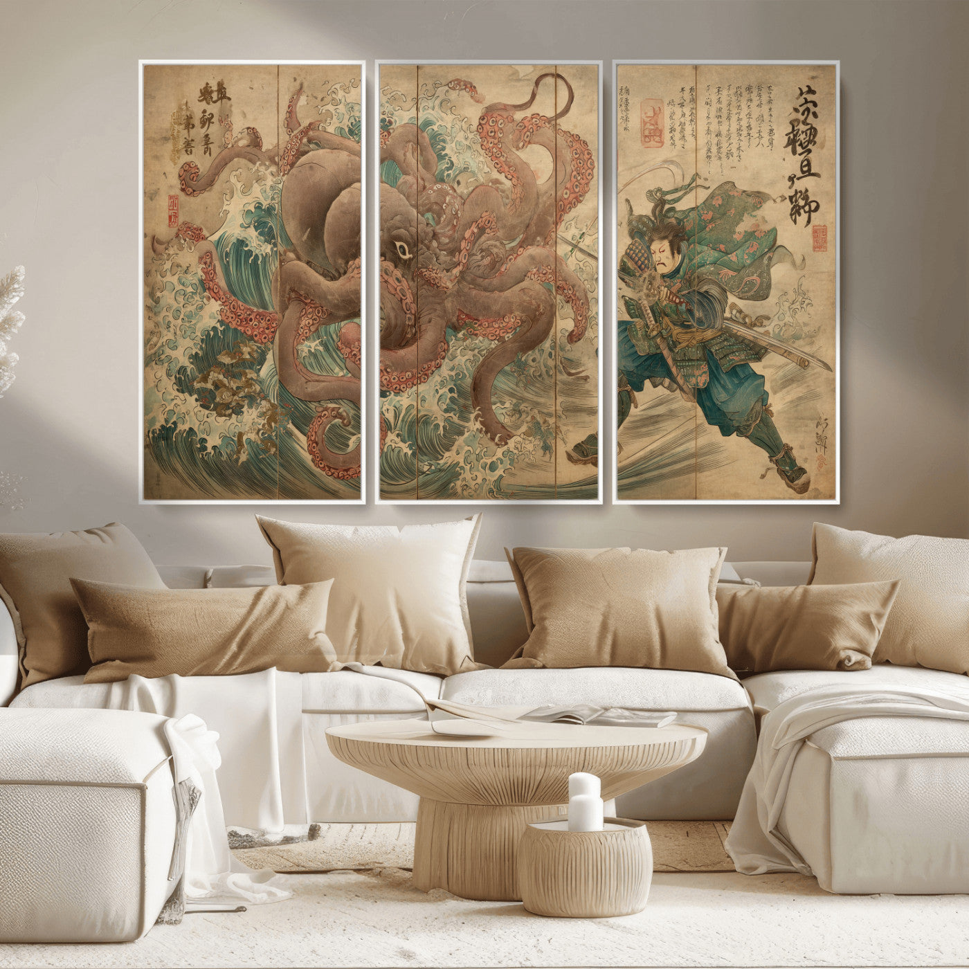 Tsukioka Yoshitoshi Samurai Wall Art Print, Japanese Katana Warrior Canvas Wall Art, Octopus Sea Monster Canvas Print,