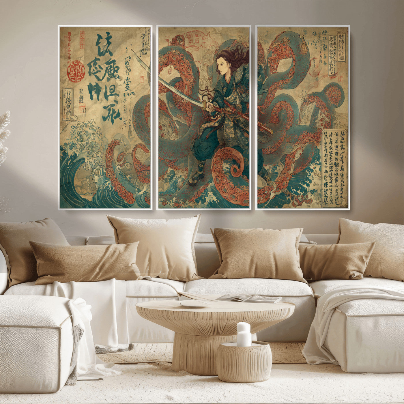 Tsukioka Yoshitoshi Samurai Wall Art Print, Japanese Katana Warrior Canvas Wall Art, Octopus Sea Monster Canvas Print,