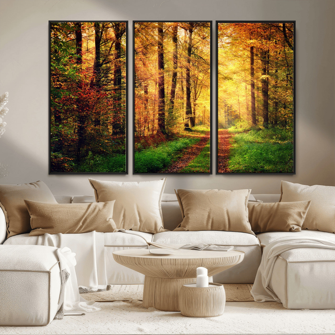 73494-MGV-FC-48X32-3P_Black-Golden Autumn Forest Path Wall Art – Sunlit Woodland Canvas Print, Fall Nature Landscape Home Decor