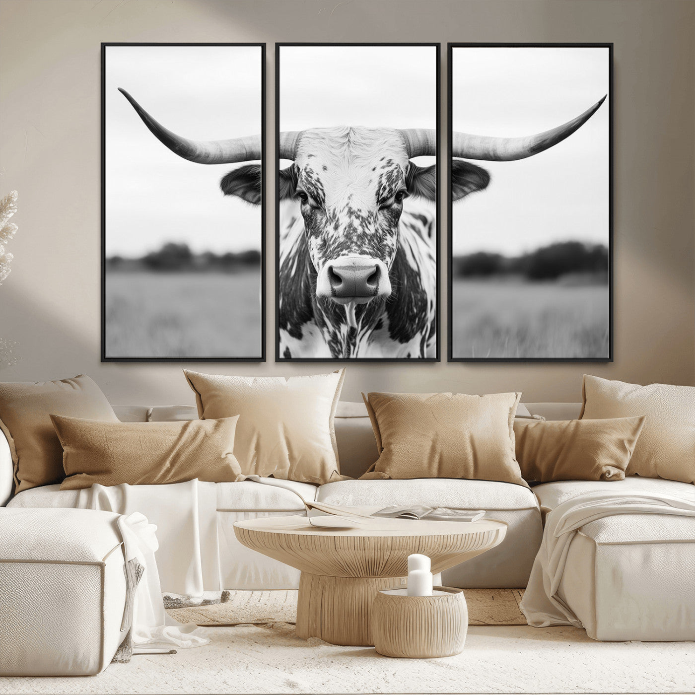 Capture the strength and elegance of nature with this striking black and white portrait of a longhorn cow. Its powerful presence makes a bold statement in any room.