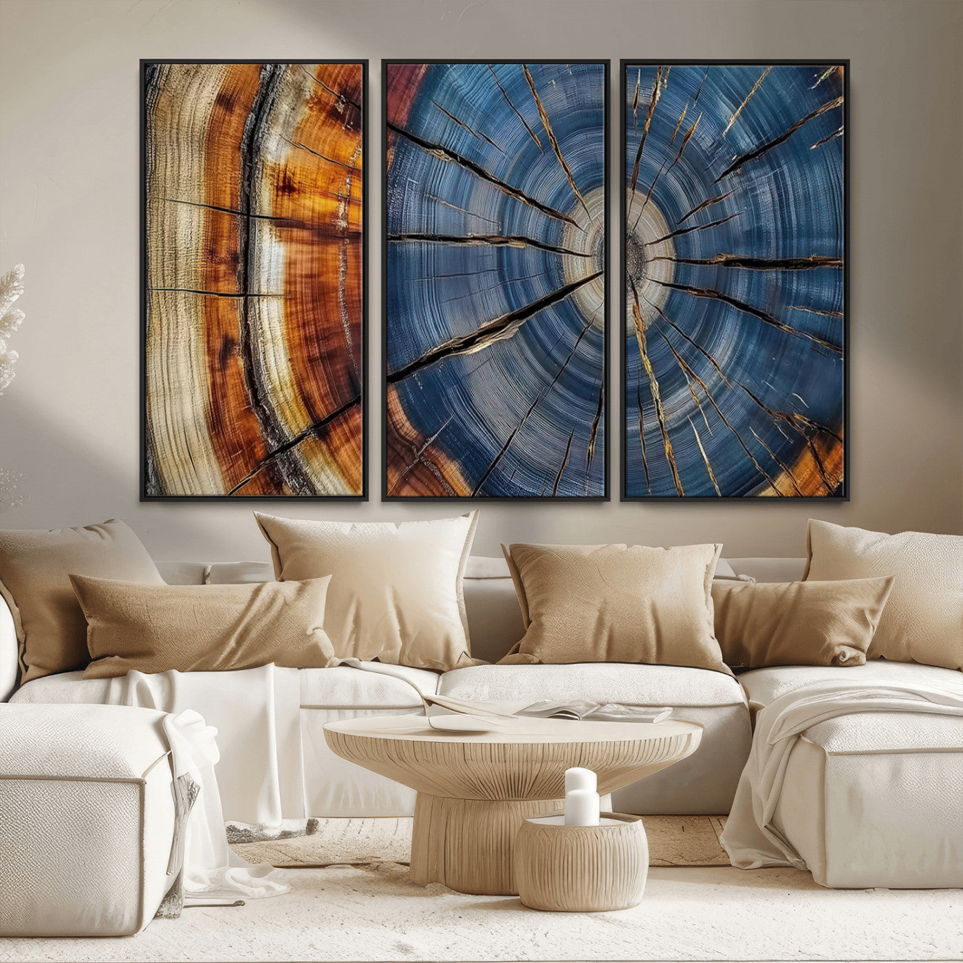 A stunning close-up view of a tree trunk, showcasing the intricate growth rings in a vibrant mix of warm browns, cool blues, and hints of natural texture.