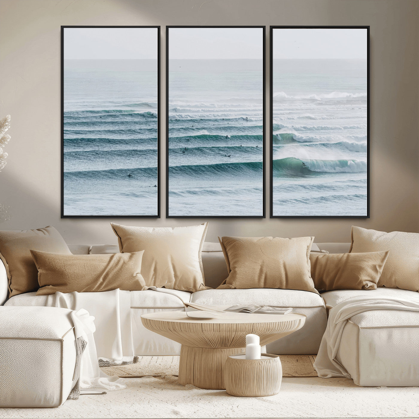 High-angle view of surfers lining up across layered ocean waves, ideal for minimal coastal or surf-inspired room decor.
