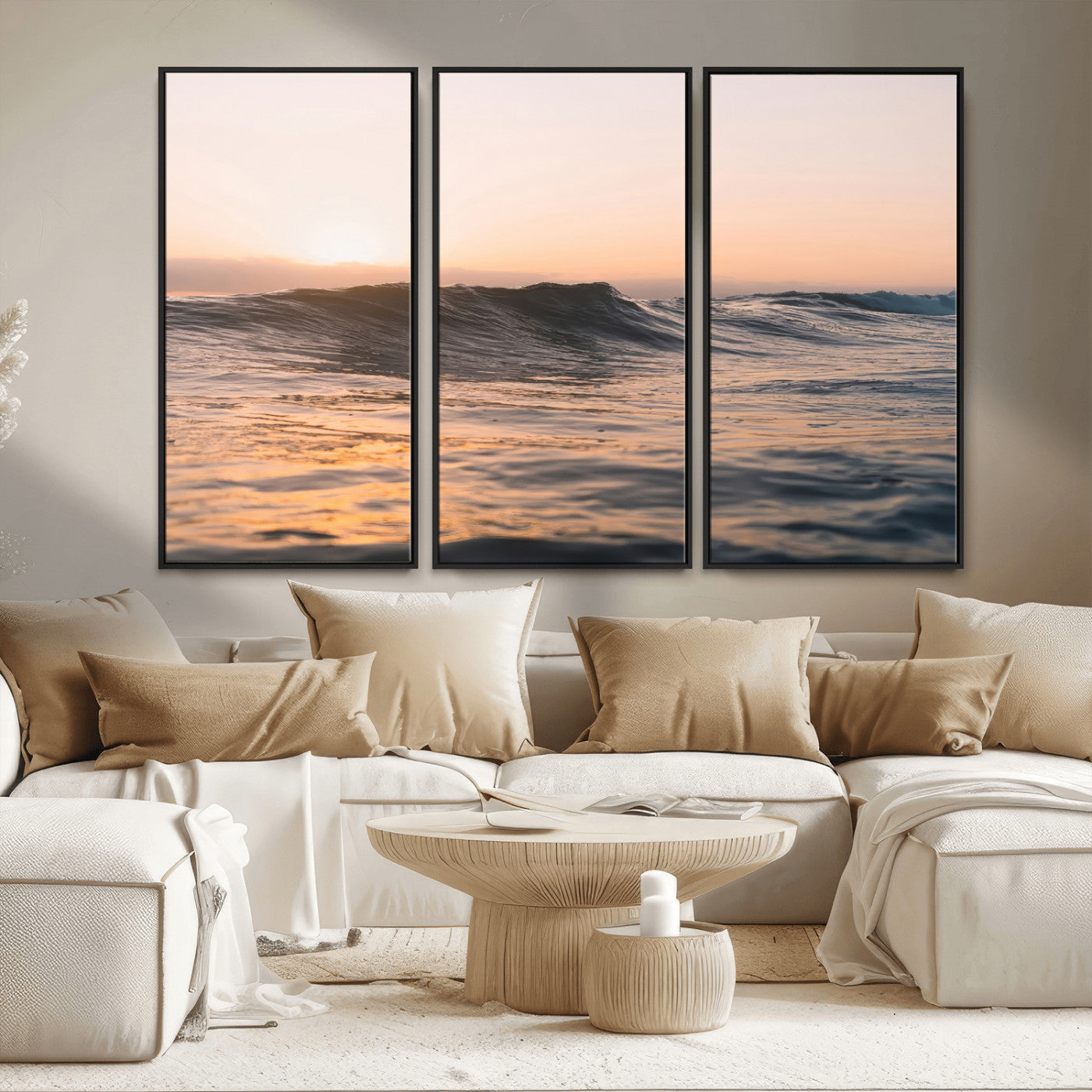 Framed canvas of ocean waves glowing in sunset light, ideal for golden hour calm or peaceful coastal-inspired wall decor.