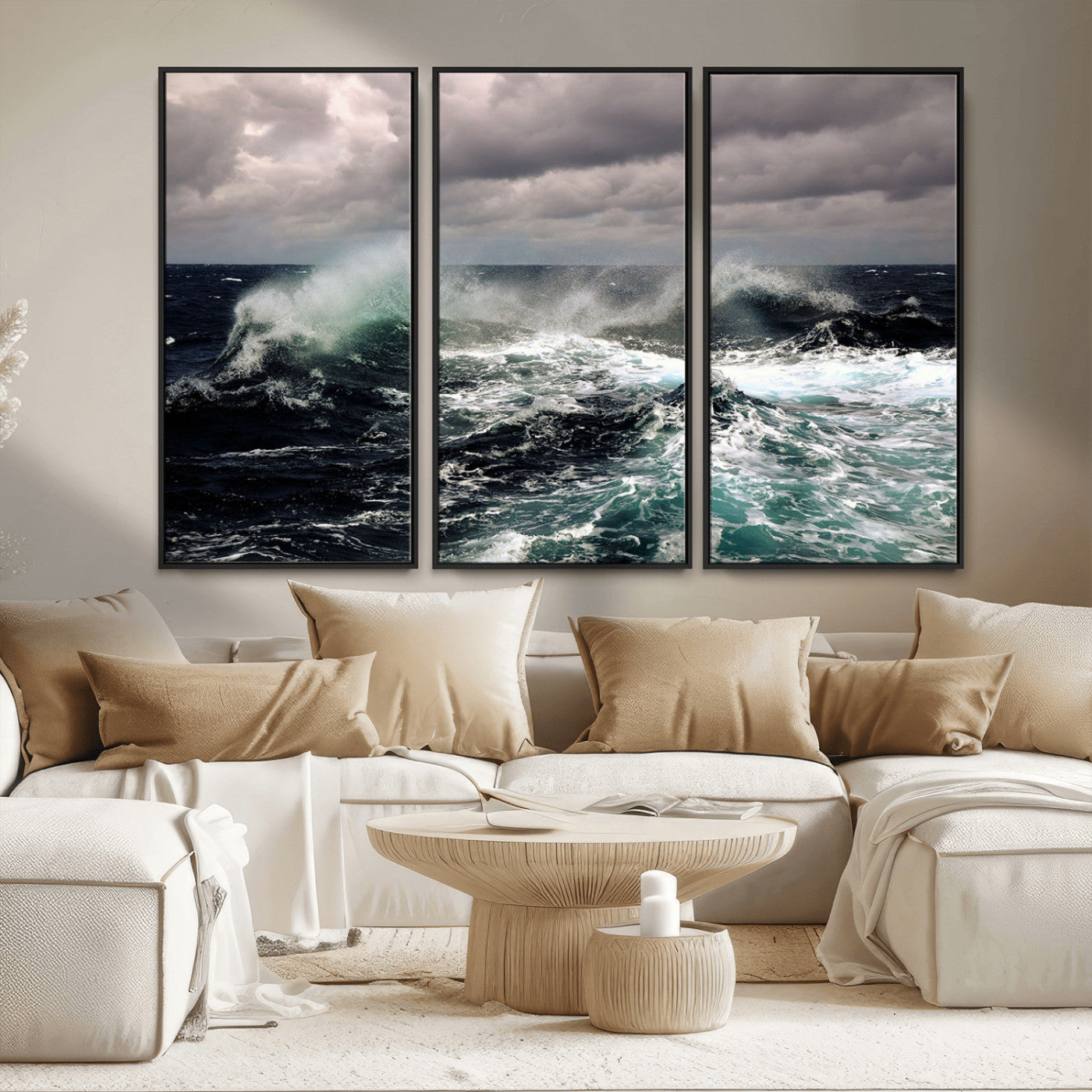 Powerful ocean waves crashing under stormy skies, creating a dynamic and intense seascape.