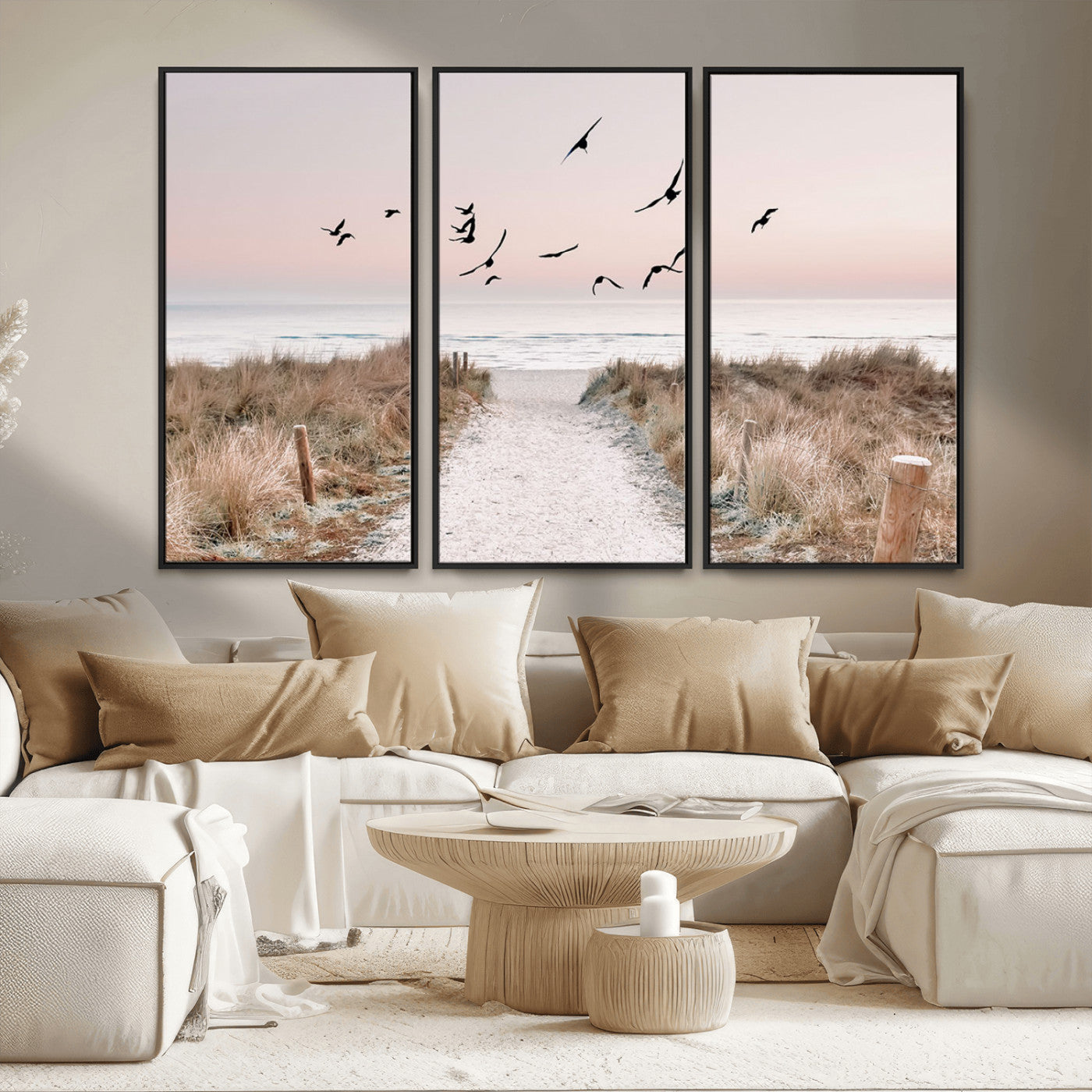 A peaceful coastal pathway leading to the ocean, with birds flying across a soft pastel sky, creating a calm and scenic beach atmosphere.