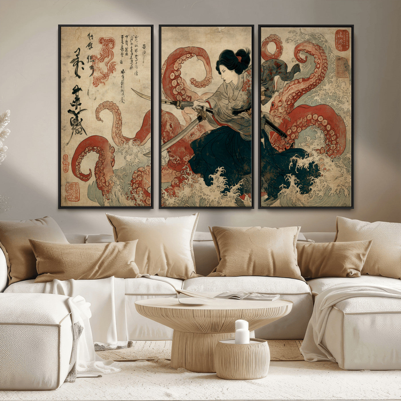 Tsukioka Yoshitoshi Samurai Wall Art Print, Japanese Katana Warrior Canvas Wall Art, Octopus Sea Monster Canvas Print,