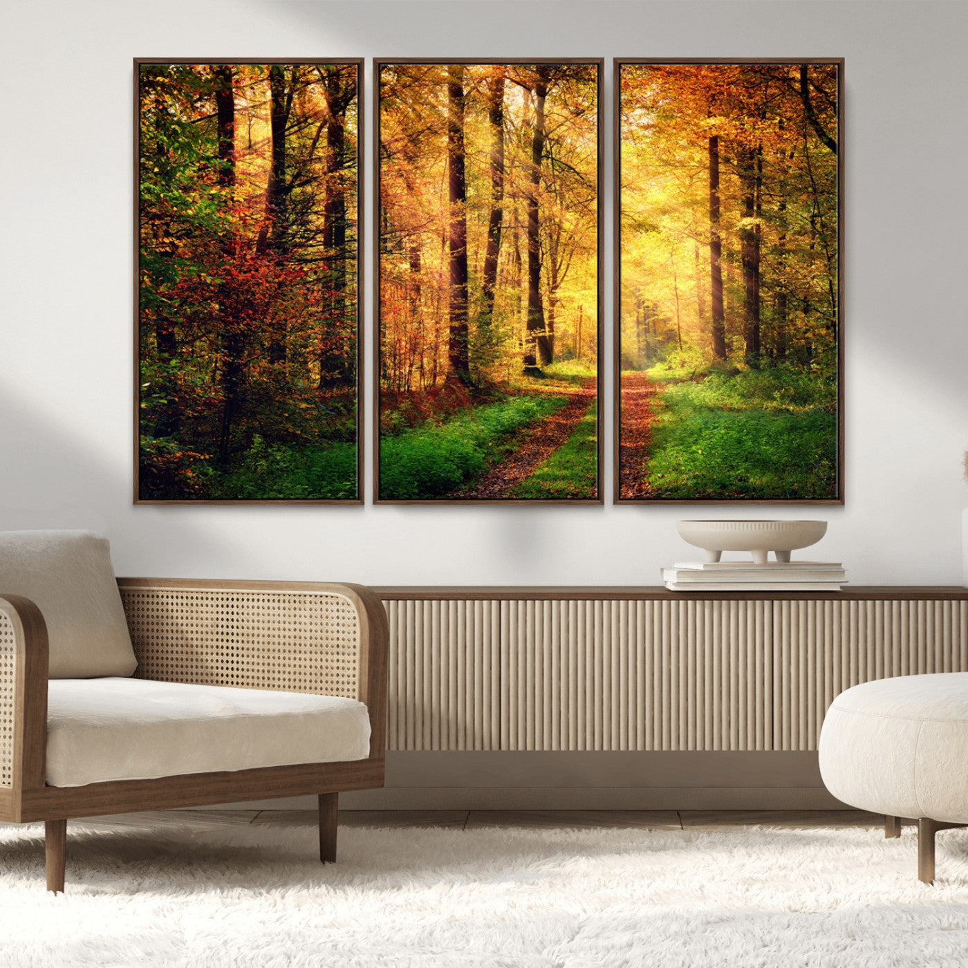 73494-MGV-FC-48X32-3P_Walnut-Golden Autumn Forest Path Wall Art – Sunlit Woodland Canvas Print, Fall Nature Landscape Home Decor