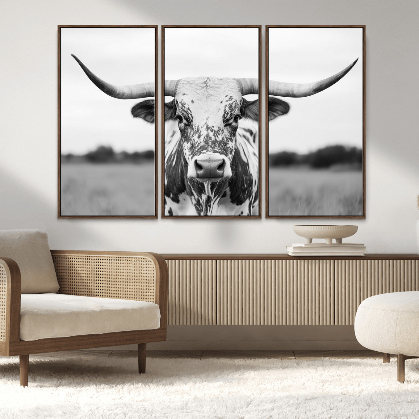Capture the strength and elegance of nature with this striking black and white portrait of a longhorn cow. Its powerful presence makes a bold statement in any room.