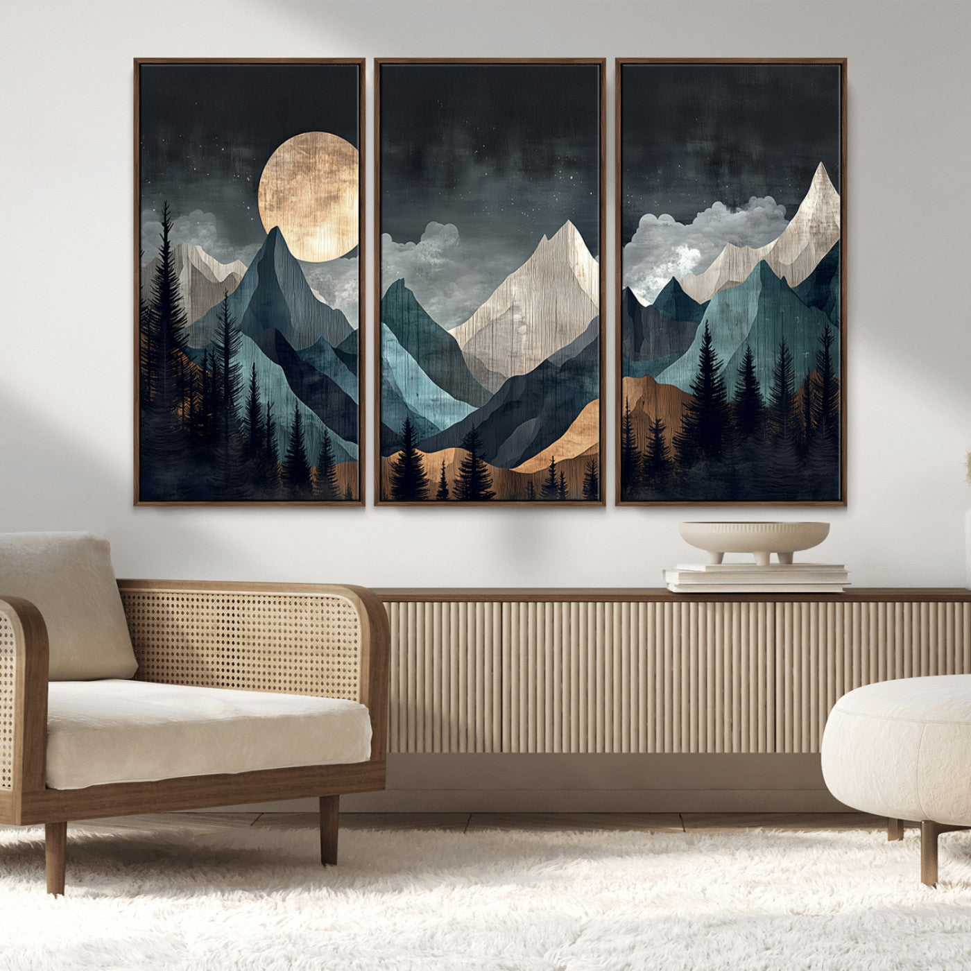 Stylized canvas of layered mountains under a full moon in neutral moody tones, ideal for nature-inspired or modern rustic interiors.