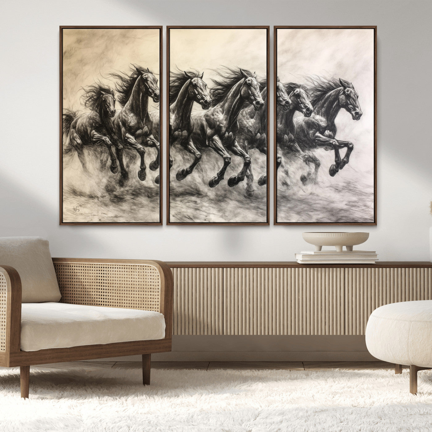 Monochrome drawing of a herd of galloping horses, perfect for dynamic and wild-themed decor in any equestrian or nature-inspired room.
