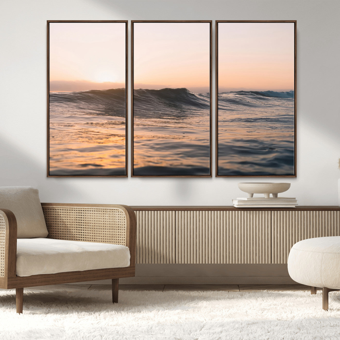 Framed canvas of ocean waves glowing in sunset light, ideal for golden hour calm or peaceful coastal-inspired wall decor.