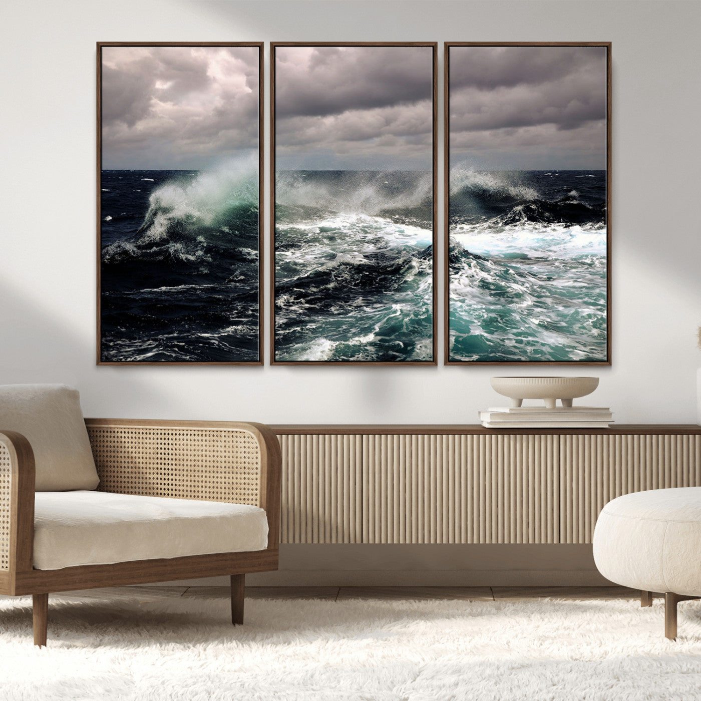 Powerful ocean waves crashing under stormy skies, creating a dynamic and intense seascape.