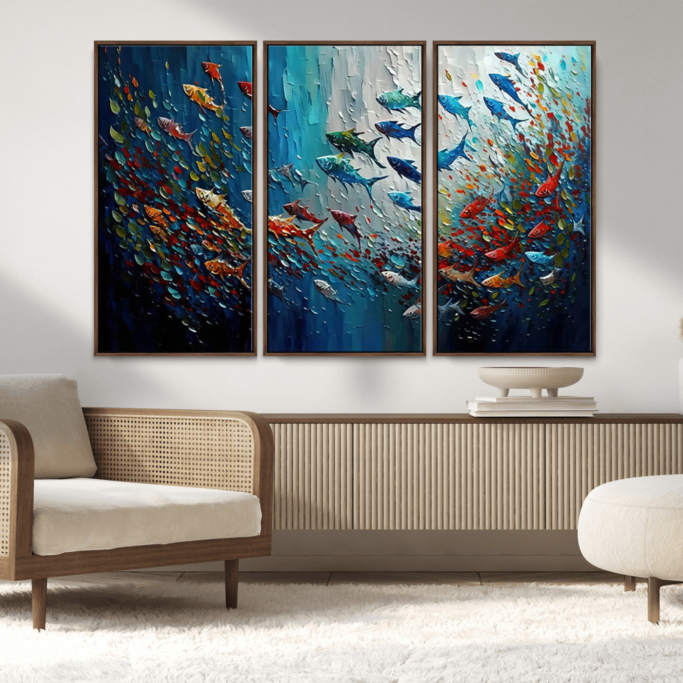 Colorful painting of fish swimming in abstract ocean swirls, perfect for vibrant marine-themed or expressive coastal home decor.