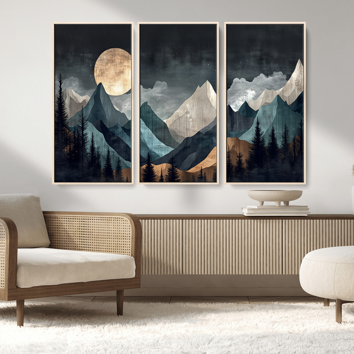 Stylized canvas of layered mountains under a full moon in neutral moody tones, ideal for nature-inspired or modern rustic interiors.