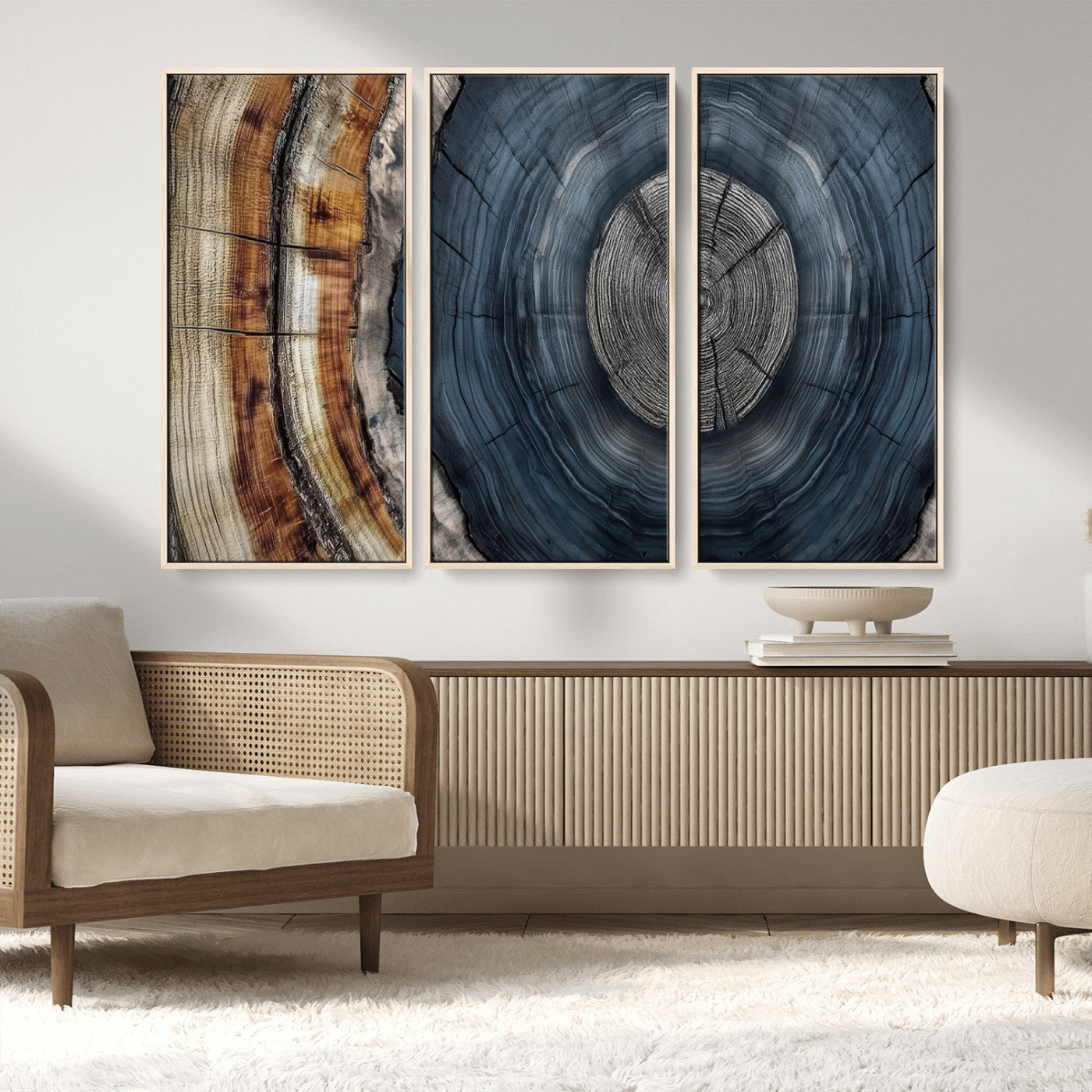 A stunning close-up of a tree trunk showing the intricate, circular growth rings, showcasing the natural textures and rich contrasts in deep blues, browns, and silvers.