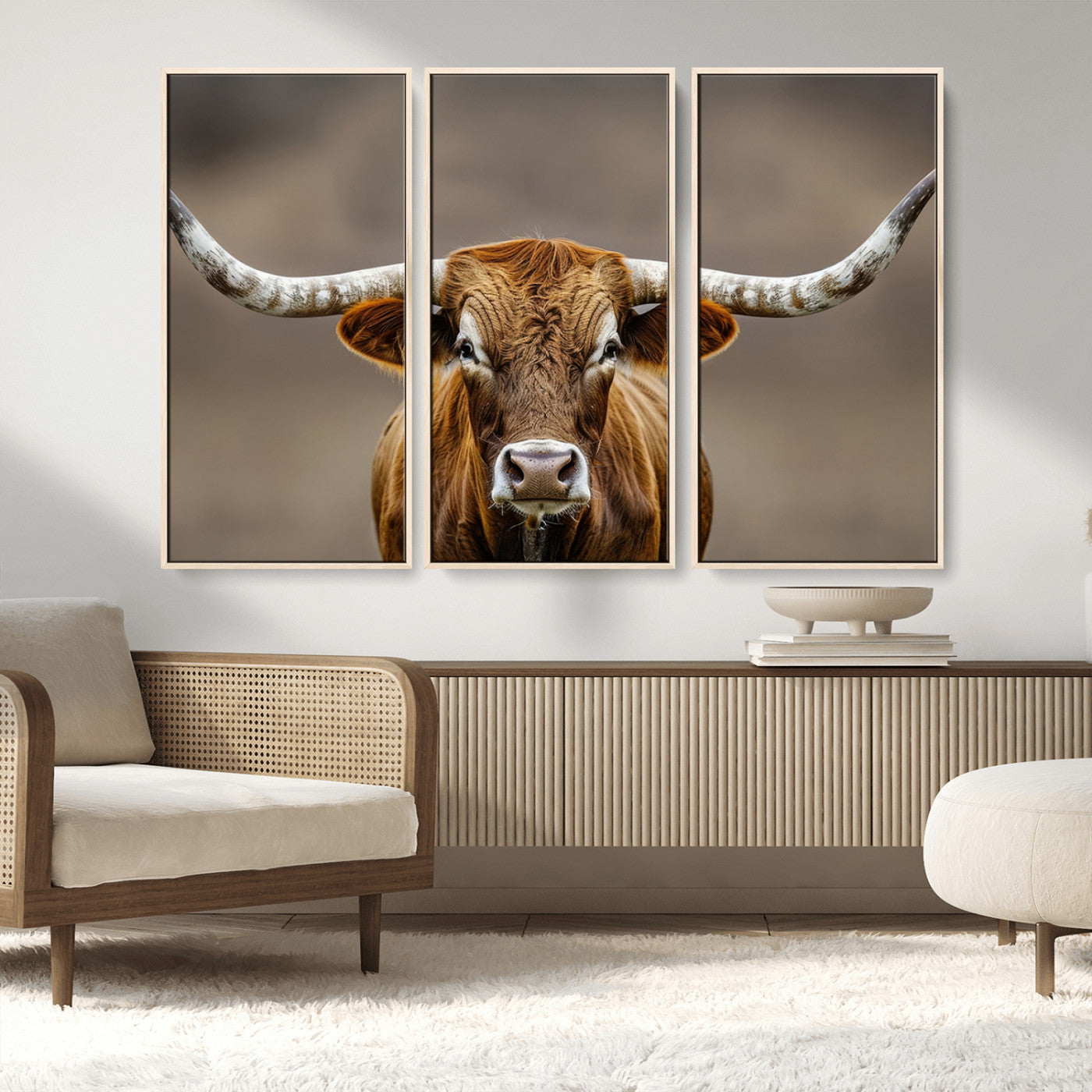 Close-up of a Texas Longhorn with strong curved horns and warm brown tones, perfect for rustic or western-style wall decor.