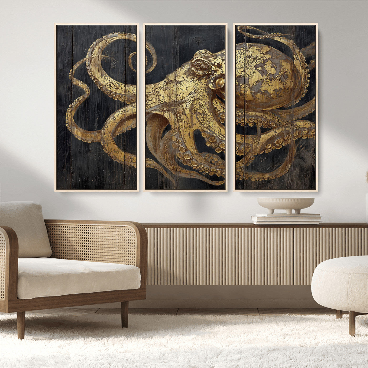 A detailed gold illustration of an octopus on black wooden planks, showing its intricate tentacles and textured skin in an artistic style.