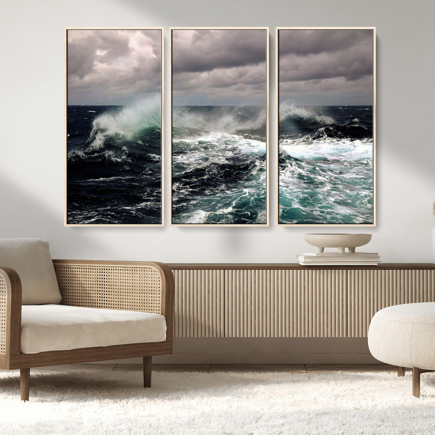 Powerful ocean waves crashing under stormy skies, creating a dynamic and intense seascape.