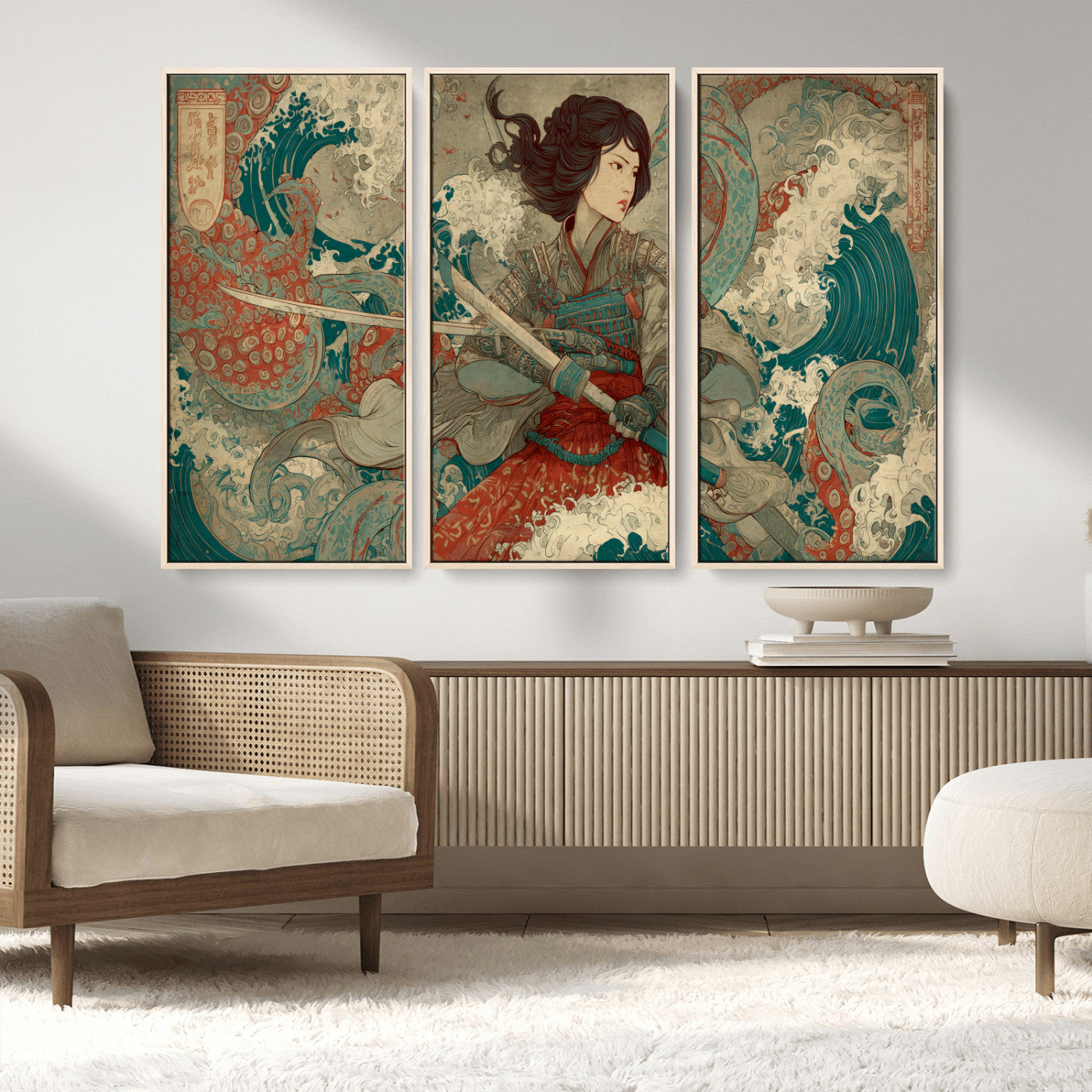 Tsukioka Yoshitoshi Samurai Wall Art Print, Japanese Katana Warrior Canvas Wall Art, Octopus Sea Monster Canvas Print,
