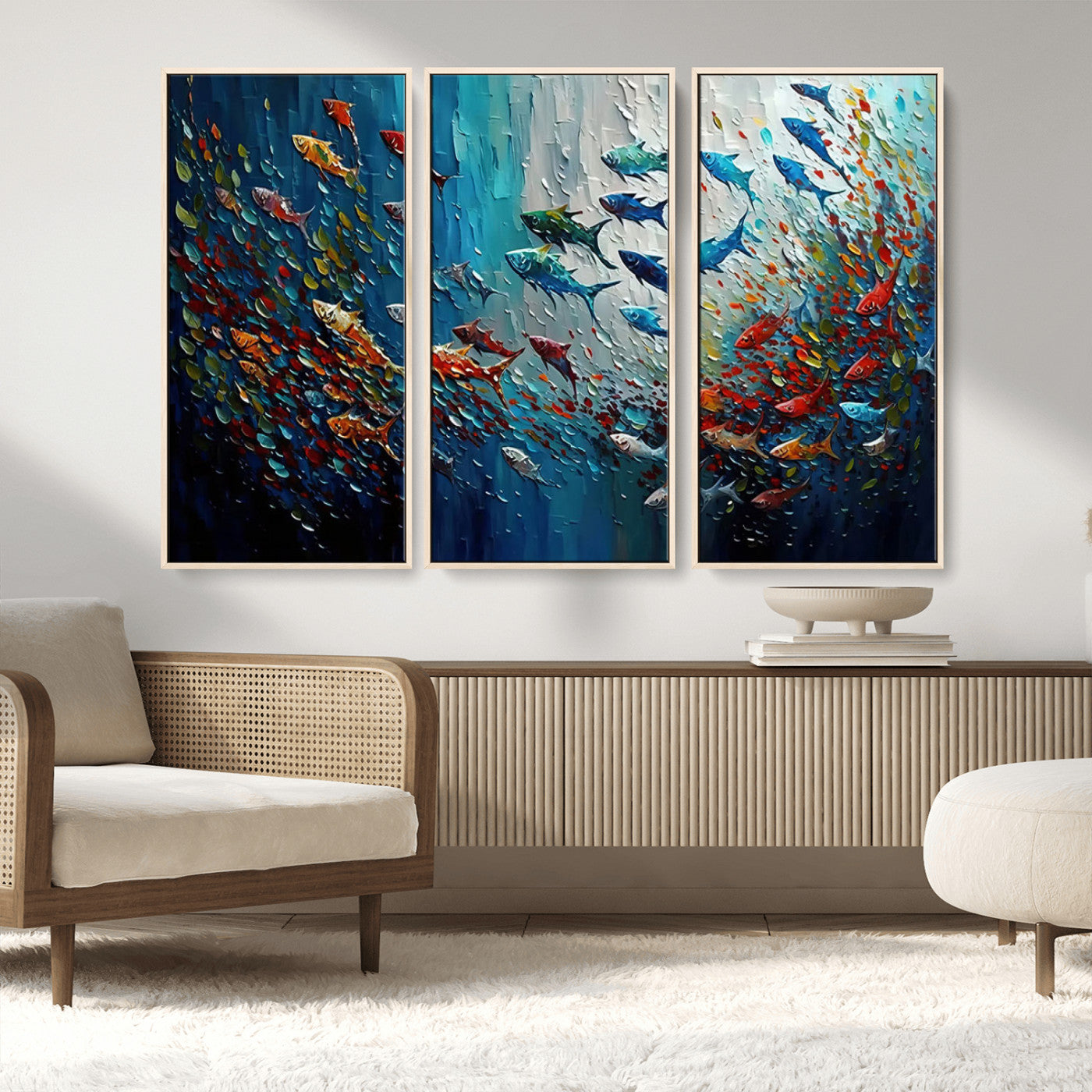 Colorful painting of fish swimming in abstract ocean swirls, perfect for vibrant marine-themed or expressive coastal home decor.