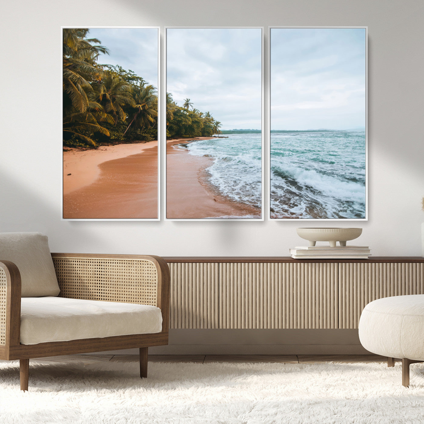 Framed canvas of a tropical beach with palm trees and soft waves, ideal for coastal escape or serene nature-inspired home decor.