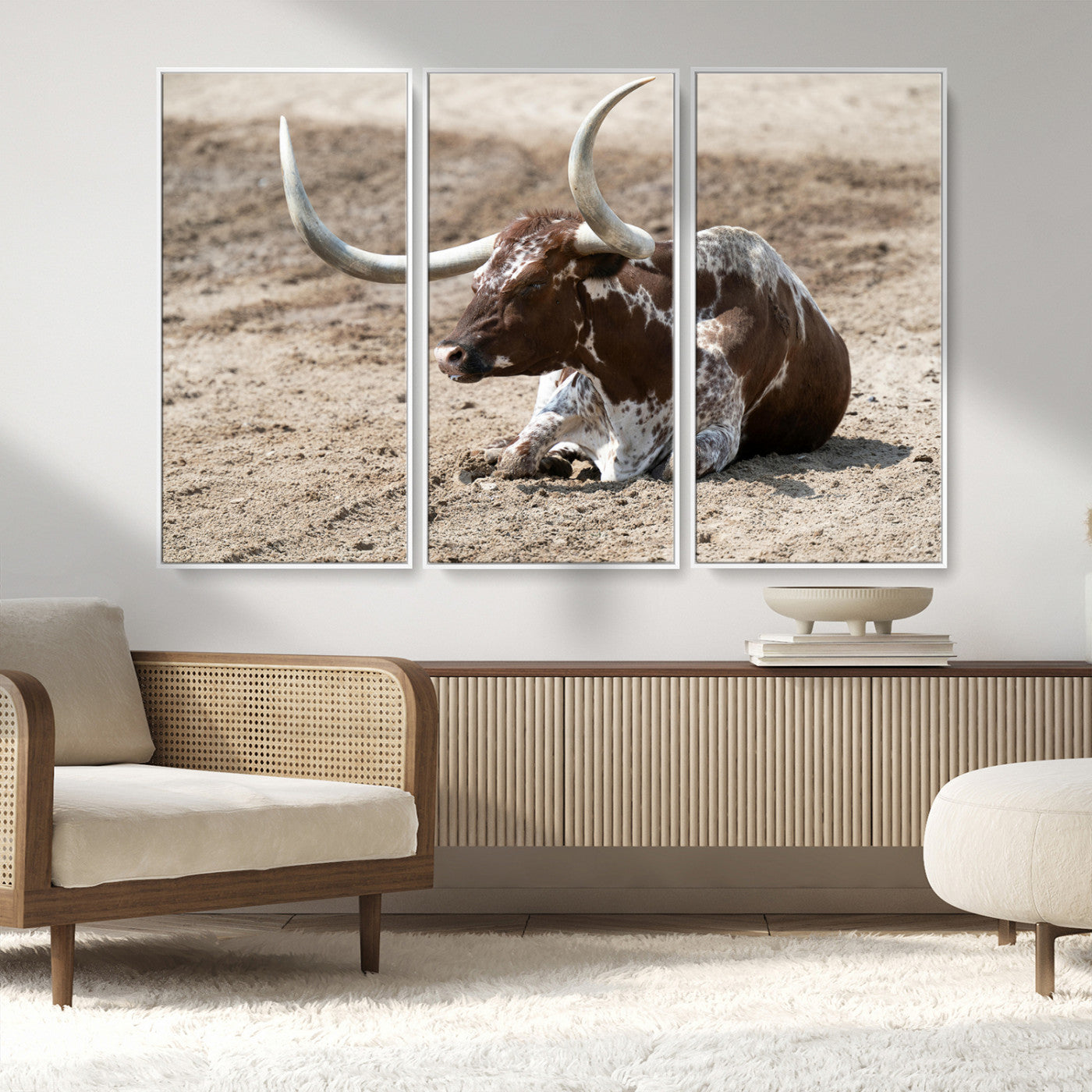 Texas Longhorn Wall Art Canvas Print, Framed Country Living Art Picture Print, Farmhouse Aesthetic Perfect Western Rustic Decor Artwork