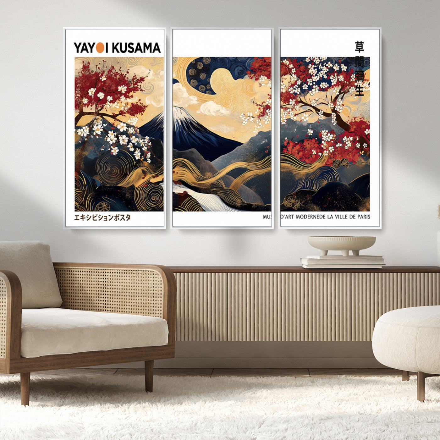An artwork by Yayoi Kusama featuring Mount Fuji, blooming cherry blossoms, and swirling patterns in a harmonious blend of nature and art.
