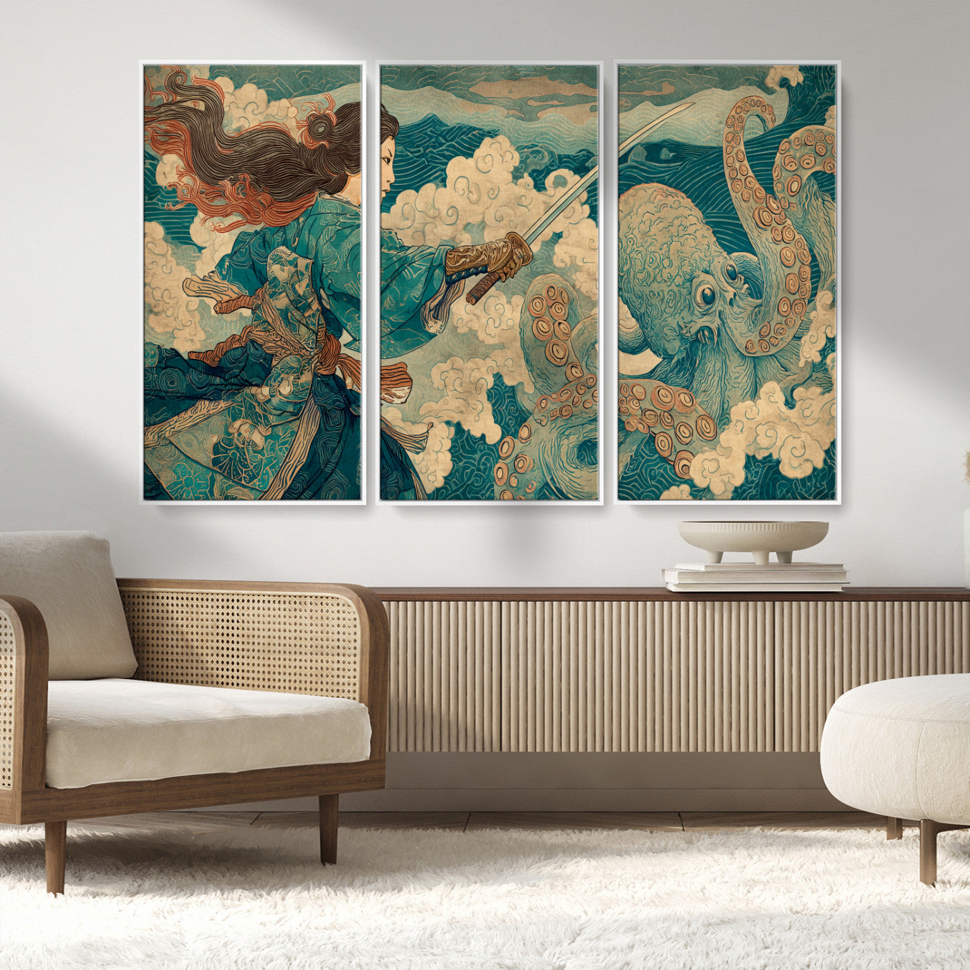 Tsukioka Yoshitoshi Samurai Wall Art Print, Japanese Katana Warrior Canvas Wall Art, Octopus Sea Monster Canvas Print,