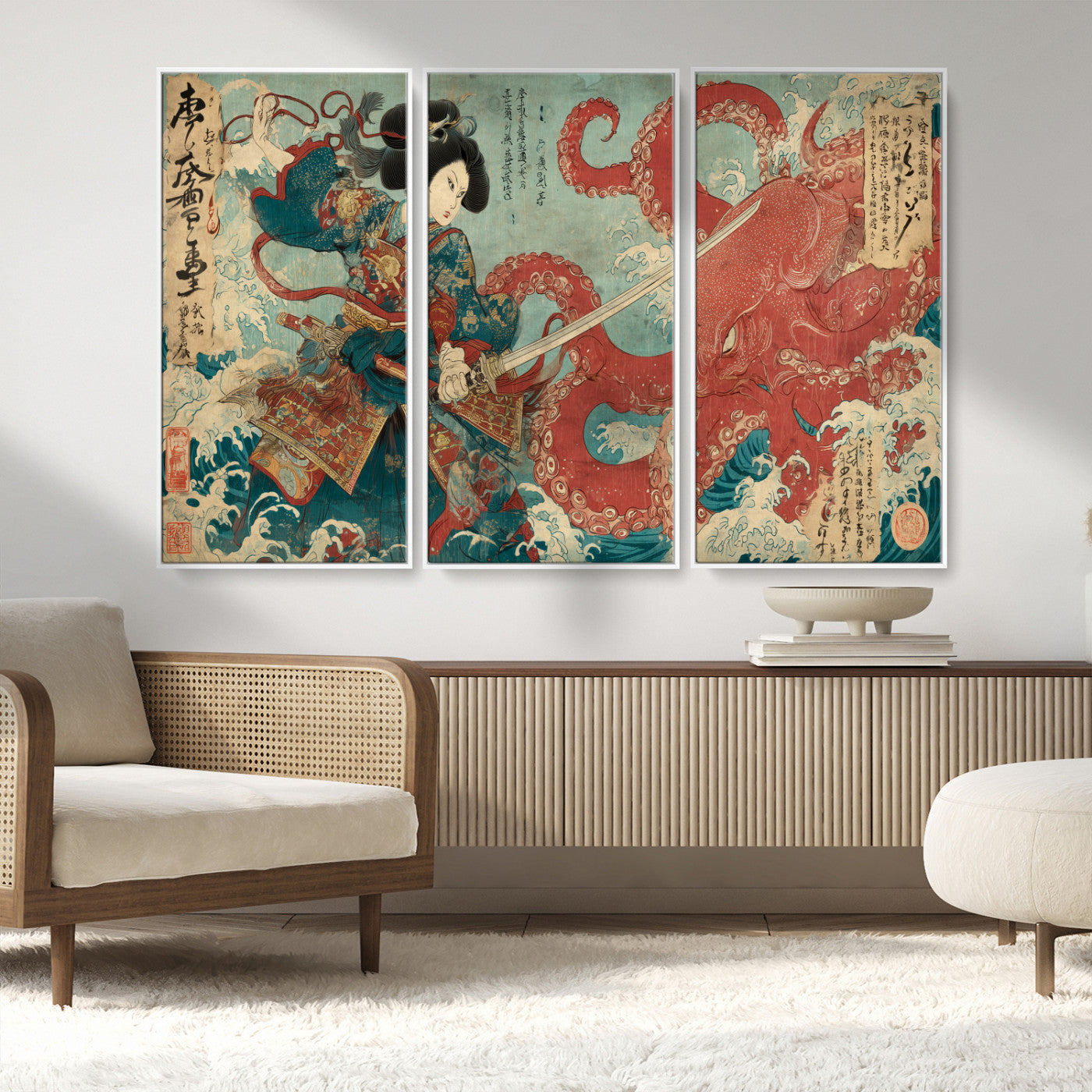 Tsukioka Yoshitoshi Samurai Wall Art Print, Japanese Katana Warrior Canvas Wall Art, Octopus Sea Monster Canvas Print,