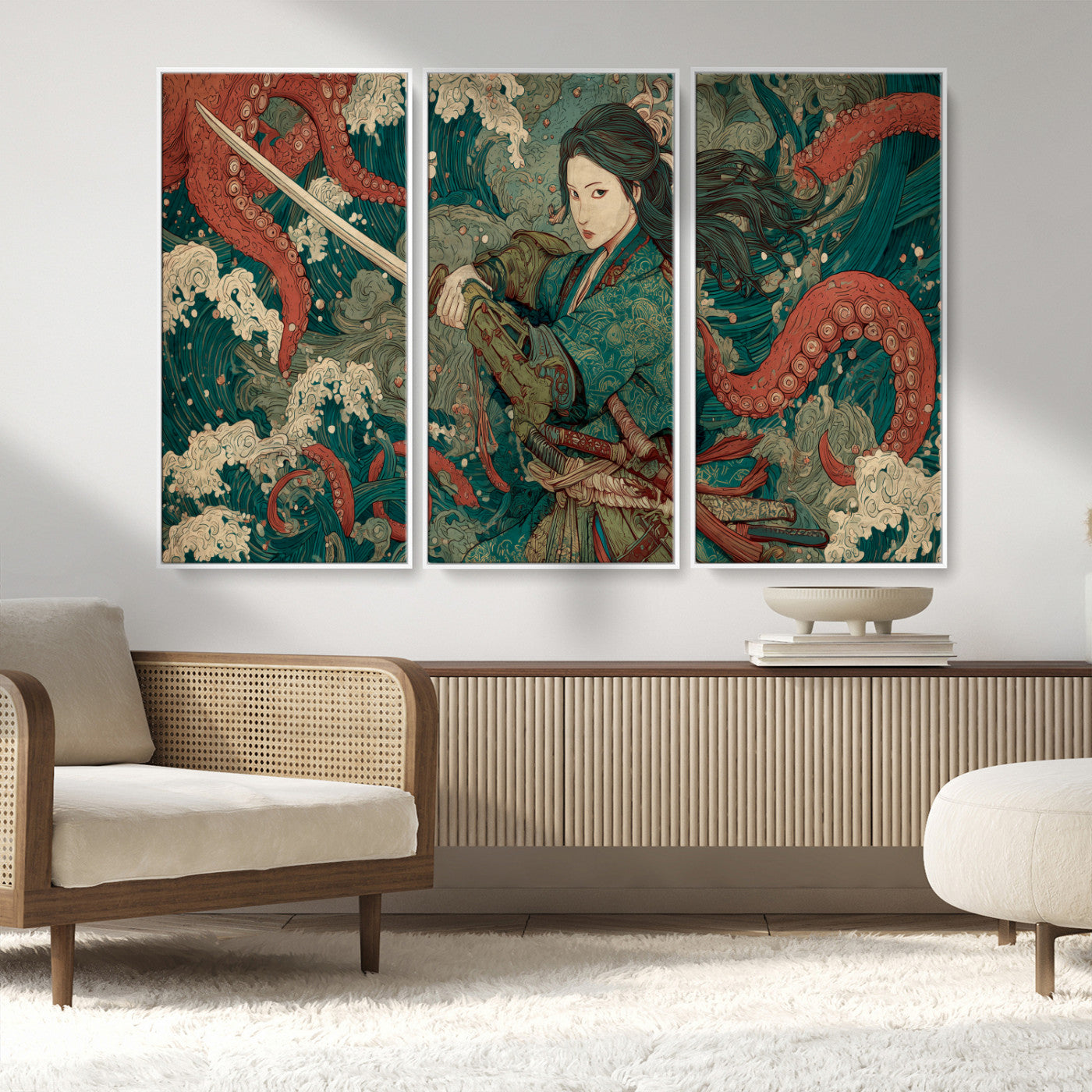 Tsukioka Yoshitoshi Samurai Wall Art Print, Japanese Katana Warrior Canvas Wall Art, Octopus Sea Monster Canvas Print,