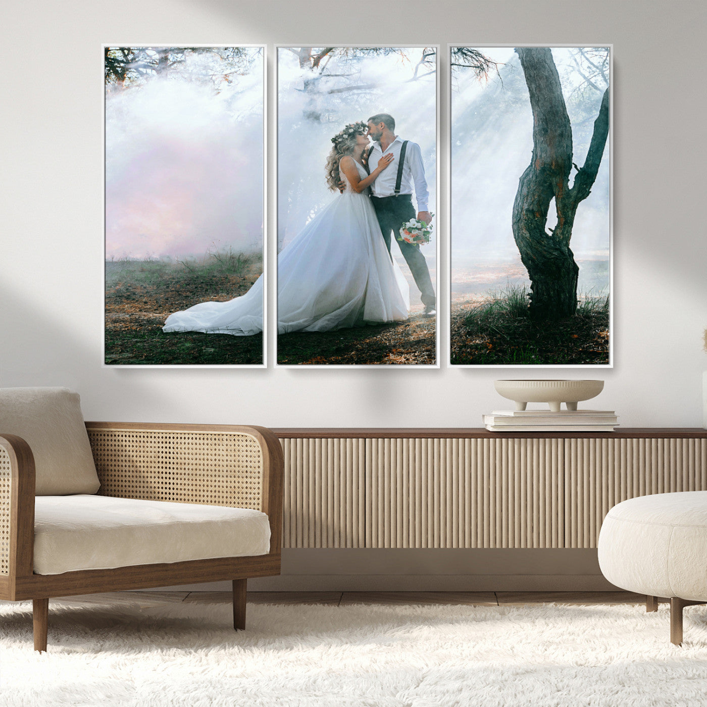 MGV-FC-48X32-3P - Forest Wedding Wall Art – Romantic Bride and Groom Canvas Print, Enchanted Woodland Photography Decor for Bedroom, Living Room, or Wedding Gift