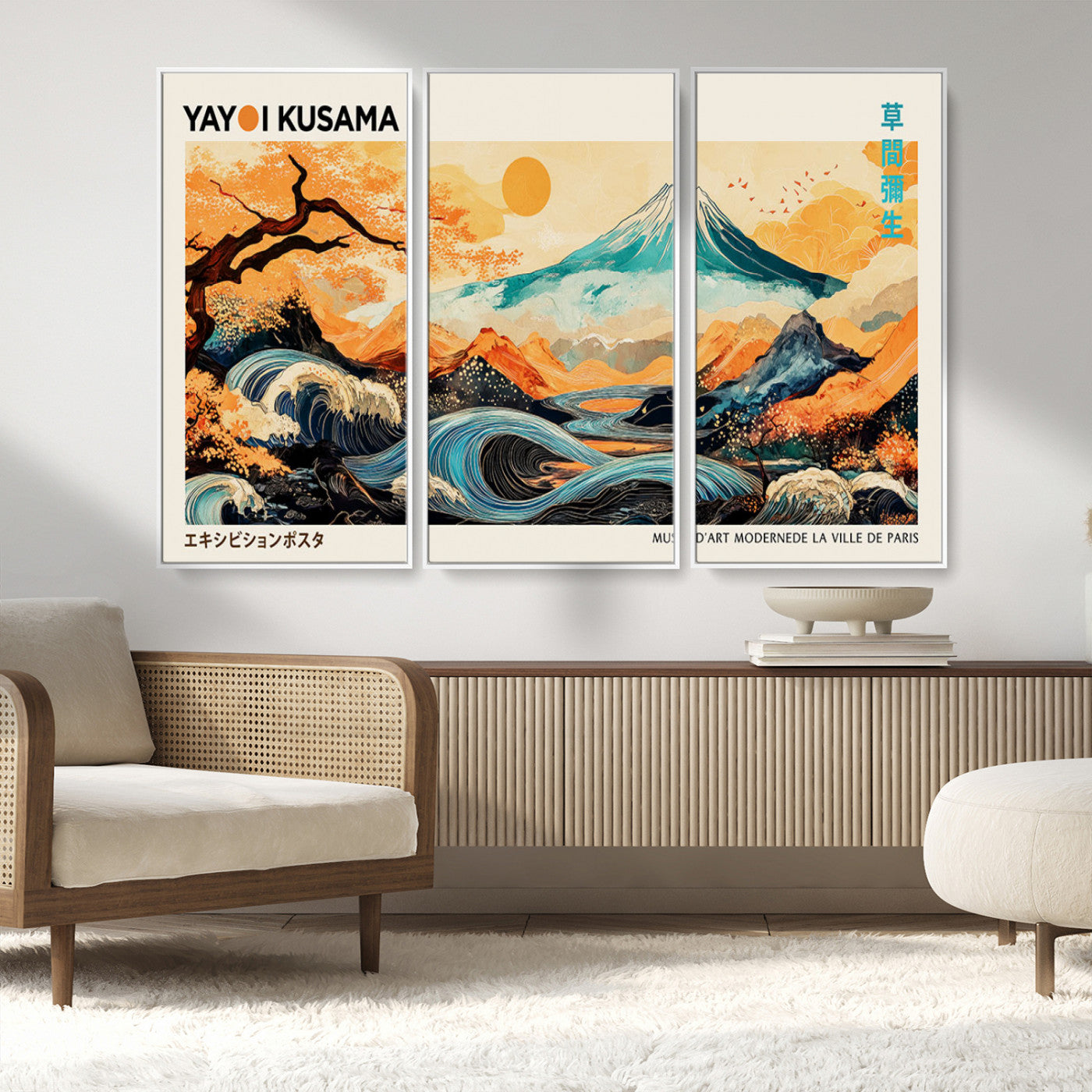 Modern Japanese-style art print featuring a stylized Mount Fuji, flowing waves, and vibrant landscapes in bold colors, inspired by traditional and contemporary aesthetics.