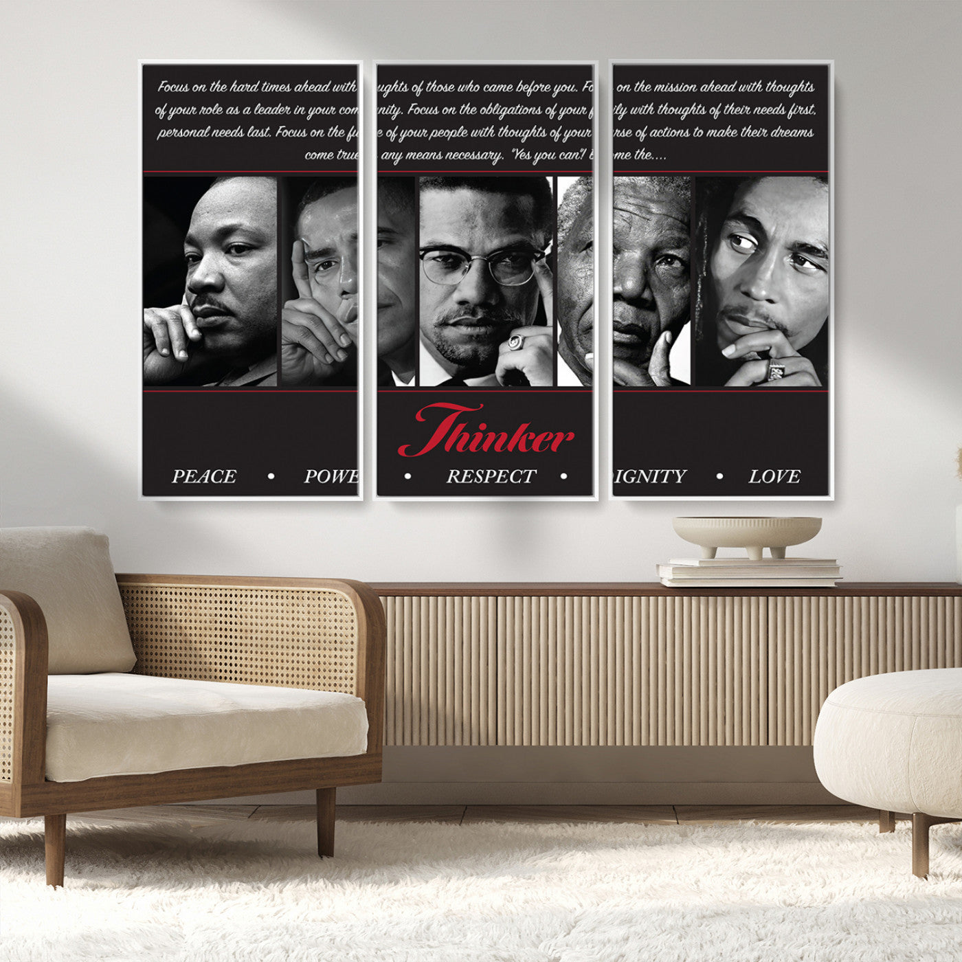 Monochrome canvas of iconic Black leaders with a powerful quote, perfect for modern spaces with a cultural or motivational theme.