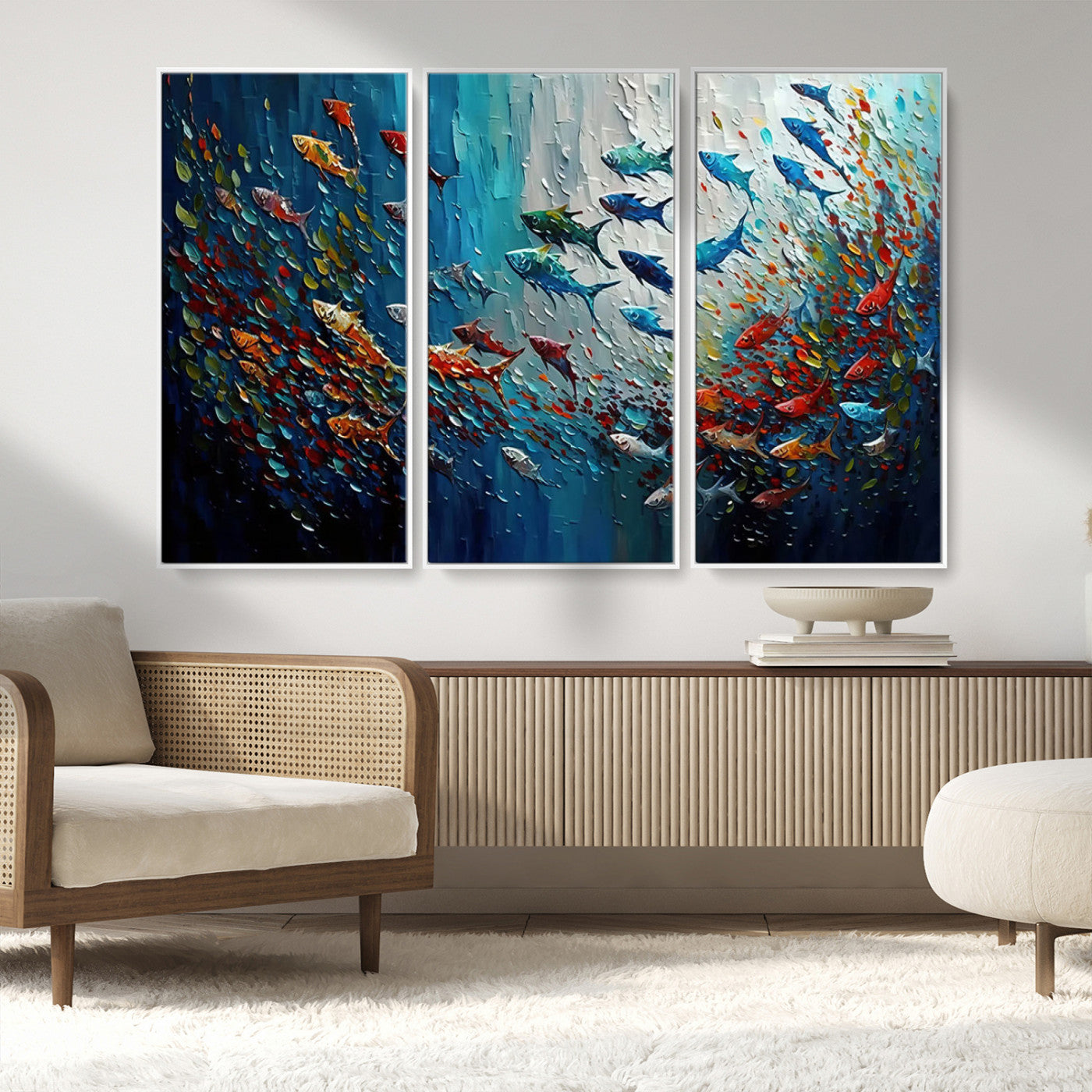 Colorful painting of fish swimming in abstract ocean swirls, perfect for vibrant marine-themed or expressive coastal home decor.