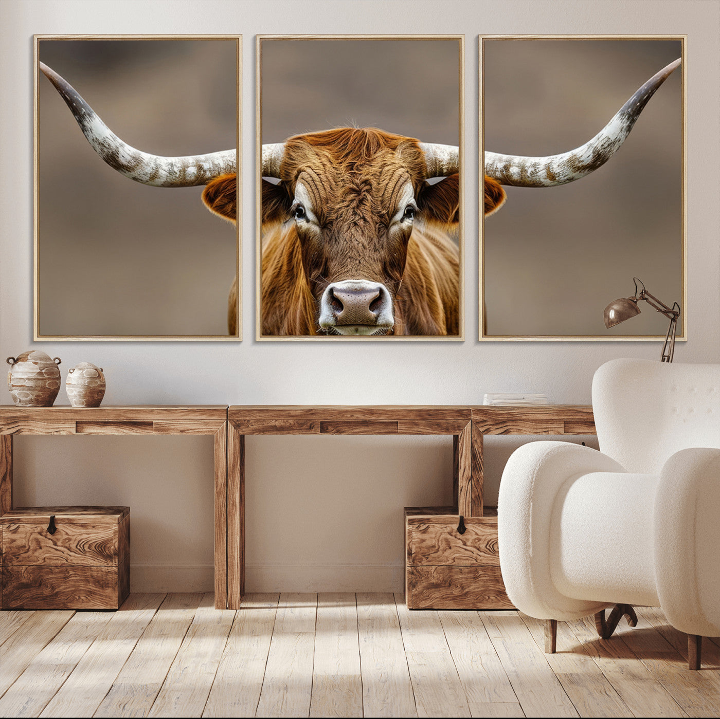 Close-up of a Texas Longhorn with strong curved horns and warm brown tones, perfect for rustic or western-style wall decor.